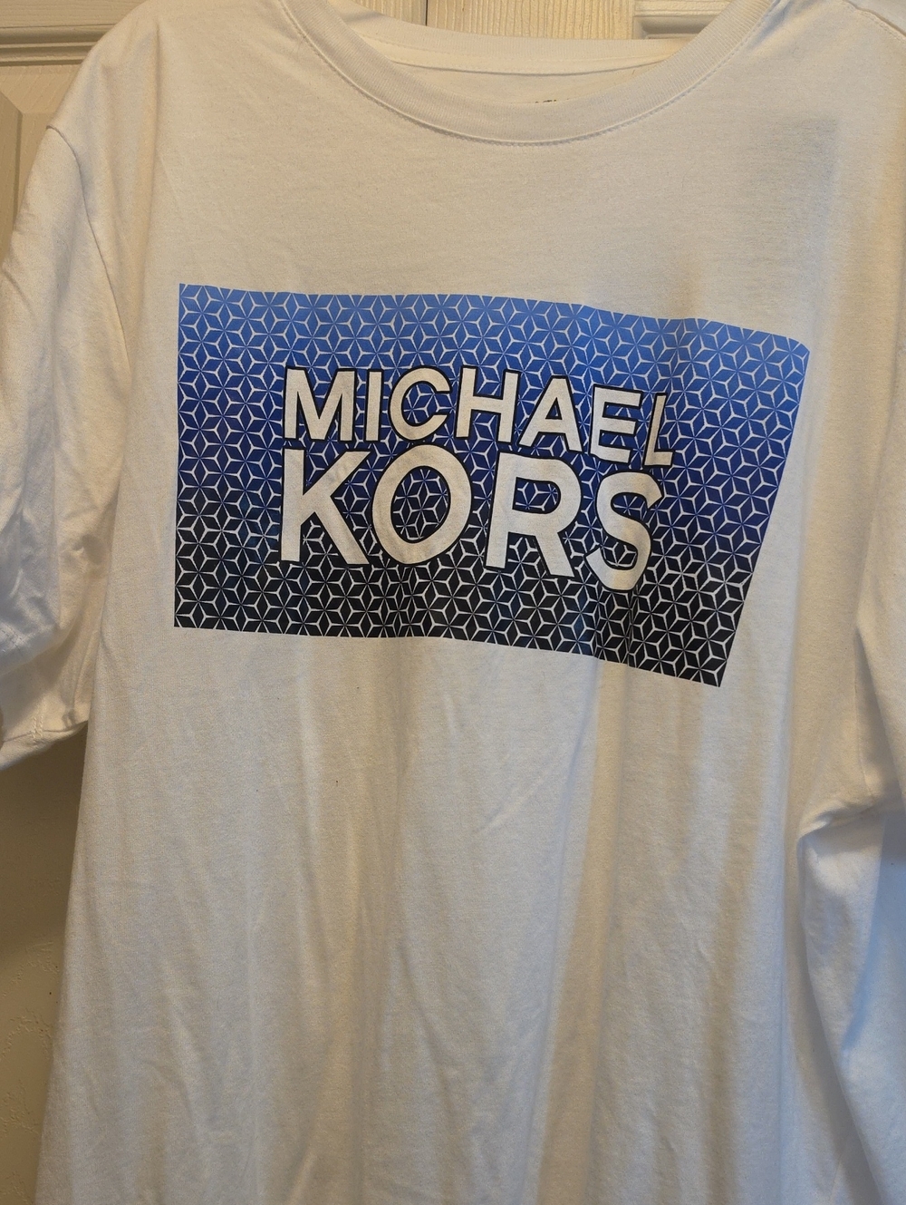 Michael Kors White Tee with Blue-to-Black Gradient Logo Panel
